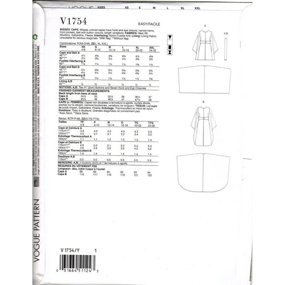 Vogue V1754 Misses XS to M Easy Belted Capes Uncut Sewing Pattern - Picture 2 of 2